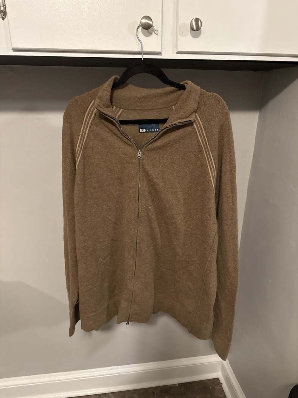 Hobie Men's XL Lambswool Full Zip Sweater Brown Raglan Stripe Detail
